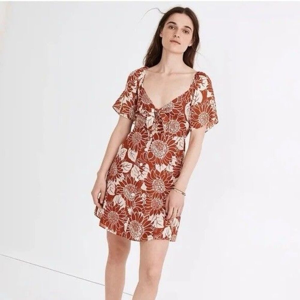 Madewell Dress Sz 14P Orange 100% Silk Floral Mini Tie Button Front Cottage Core